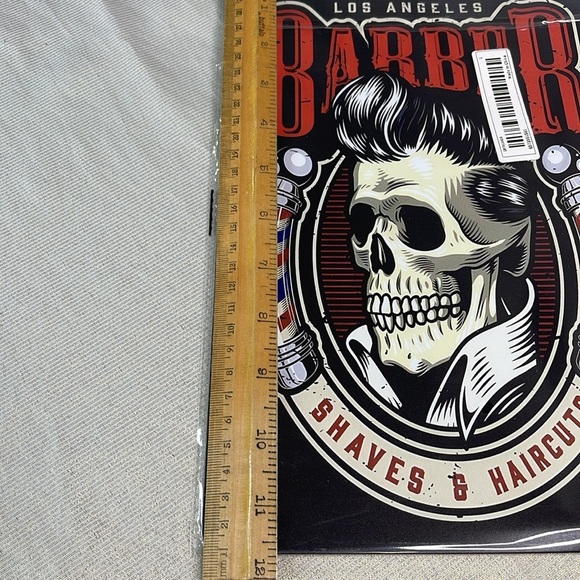 Vintage Vibe Los Angeles Barber Shaves & Haircuts Tin Metal Sign Skull Red Black - Picture 4 of 6